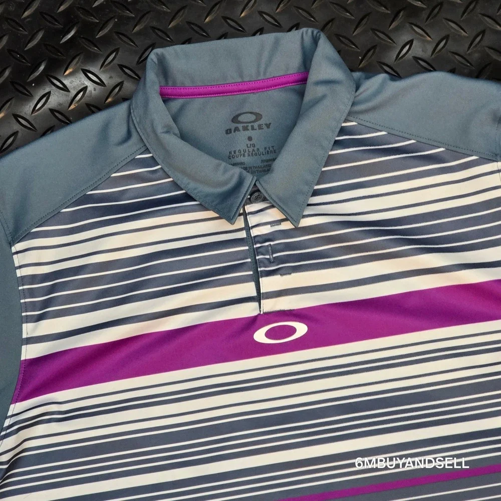 Oakley Mens OHydrolix Golf‎ Polo Shirt Large Grey Purple Striped Pelican Lakes
